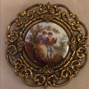 Vintage Brooch 3” Gold with a hand painted picture